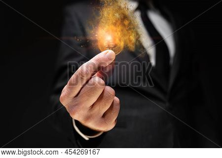 Bitcoin Cryptocurrency Value Drop, Investor Holding Crypto Currency Dissolving Coin In Hand, Selecti