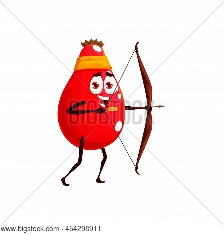 Cartoon Rose Hip Or Briar Berry With Bow And Arrow, Vector Funny Kids Character. Cute Rosehip Briar 