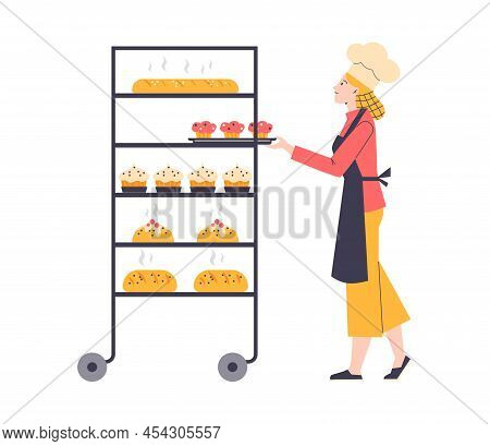 Baker Or Bakery Sales Person Puts Bread Out Of Rack, Flat Vector Isolated.