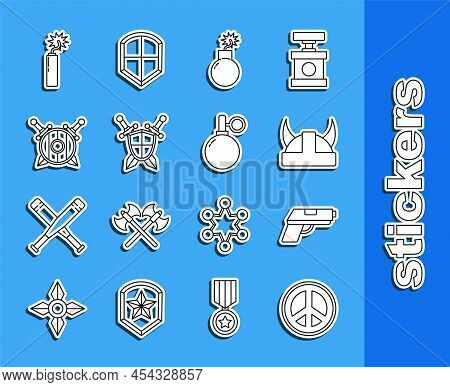Set Line Peace, Pistol Or Gun, Viking In Horned Helmet, Bomb Ready Explode, Medieval Shield With Cro