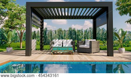3d Render Of Modern Black Bioclimatic Pergola On An Outdoor Terrace. Teak Wooden Tiling With Swimmin