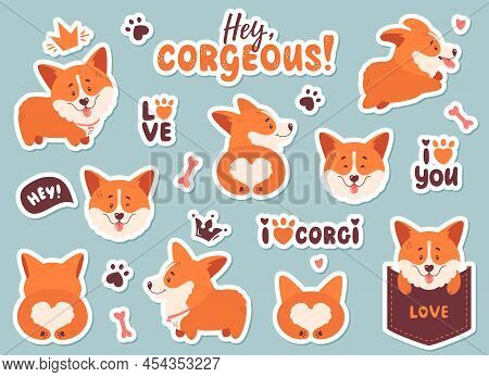 Corgi Sticker Set. Funny Puppies, Hand Drawn Lettering And Other Elements - Bone, Crown, Footprint, 