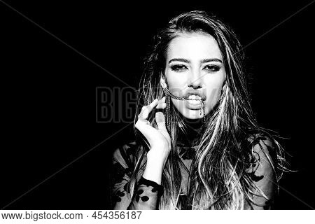 Fashion Shiny Highlighter On Skin. Beauty Portrait Of Female Face. Beautiful Fashion Woman Looking A