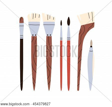 Paintbrushes Set. Different Paint Brushes Types. Thin And Thick Painting Tools For Drawing, Wash, An