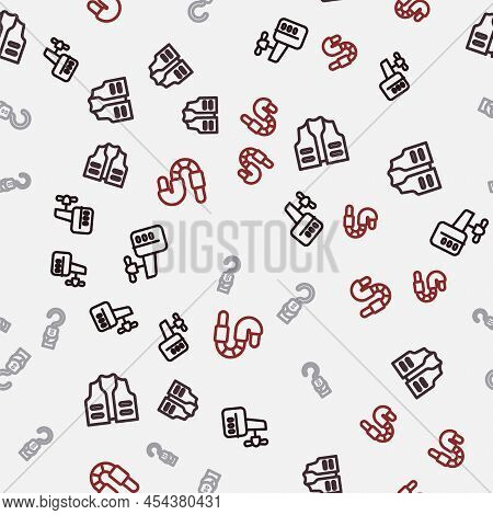 Set Line Outboard Boat Motor, Fishing Jacket, Spring Scale And Worm On Seamless Pattern. Vector