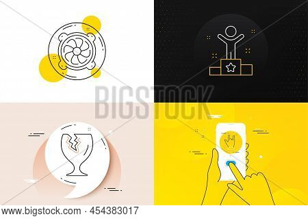 Minimal Set Of Computer Fan, Winner And Horns Hand Line Icons. Phone Screen, Quote Banners. Fragile 