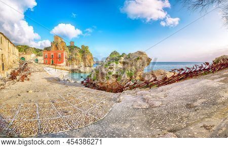 Gorgeous Scene Of Tonnara Di Scopello. Popular Travel Destination On Mediterranean Sea. Location: Sc