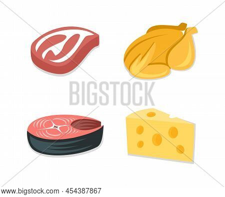 Food Icon Set, Bacon Steak, Grilled Chicken, Fish Steak, Slice Of Cheese. Food Ingredient, Meal, Mea