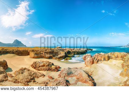 Unbelievable Seascape Of Isolidda Beach Near San Vito Cape. Popular Travel Destination Of Monte Cofa