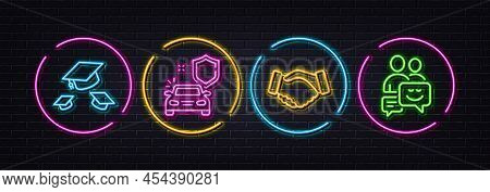 Throw Hats, Handshake And Car Secure Minimal Line Icons. Neon Laser 3d Lights. Communication Icons. 