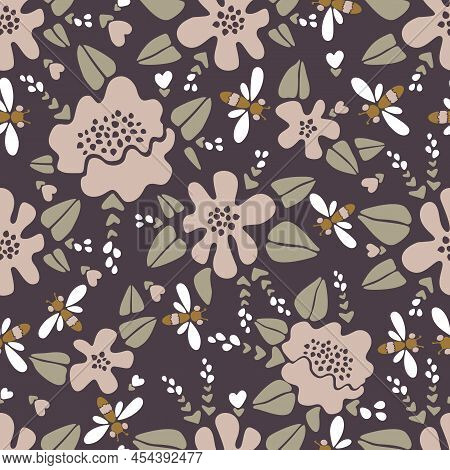Modern Floral Pattern Vector Pattern, Big Flowers And Small Flowers In Pink And White, Dragonflies, 