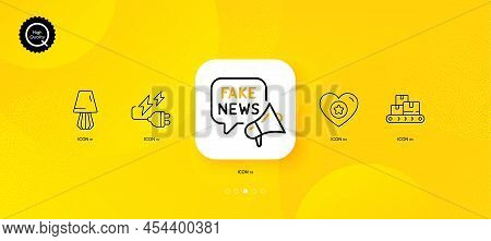 Fake News, Table Lamp And Heart Minimal Line Icons. Yellow Abstract Background. Wholesale Goods, Ele