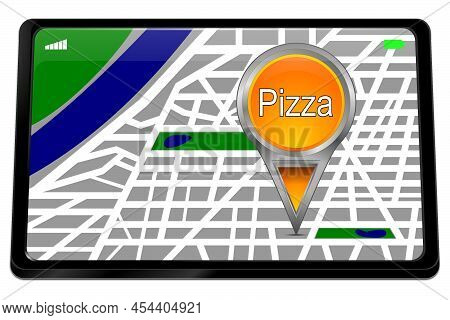 Tablet Computer With Orange Pizza Map Pointer - 3d Illustration