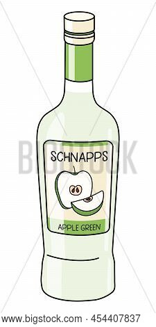 Green Apple Schnapps In A Bottle. Doodle Cartoon Hipster Style Vector Illustration Isolated On White