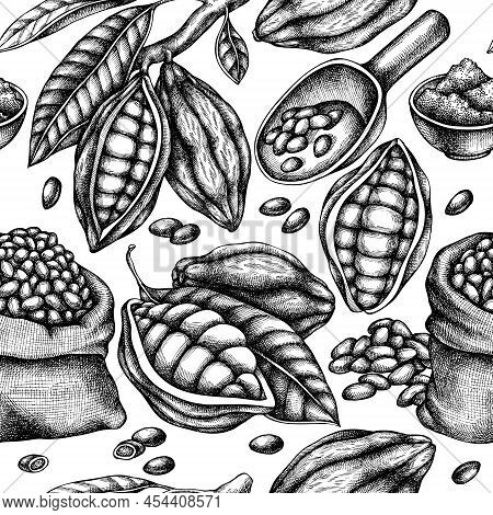Seamless Pattern With Black And White Cocoa Beans, Cocoa Stock Illustration