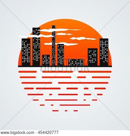 Cityscape With Sunset Illutration Design In A Circle Shape