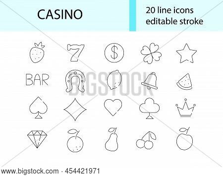 Casino Linear Icons Bundle. Playing Cards And Crown. Slot Machine Signs Set. Isolated Vector Stock I
