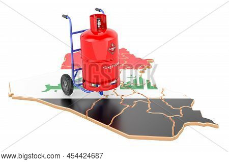 Iraqi Map With Propane Gas Cylinder On Hand Truck. Gas Delivery Service In Iraq, Concept. 3d Renderi