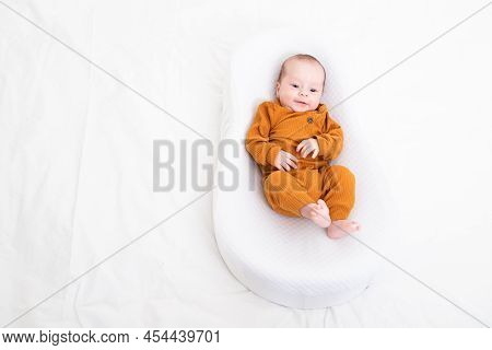 The Baby Is Lying In A Cocoon Of Copy Space . The Baby Is 0-3 Months Old. A Contented Infant. An Art