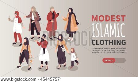 Modest Islamic Clothing Horizontal Banner With Group Of Modern Young Muslim Women Wearing Trendy Clo