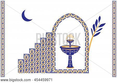 Moroccan Scene Set, House, Door, Window And Traditional Mosaic Pattern. Islamic Window And Gate Shap