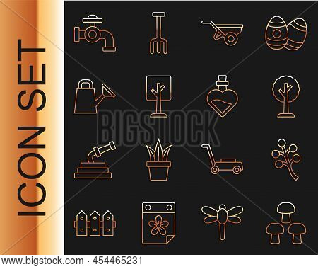 Set Line Mushroom, Blossom Tree Branch, Forest, Wheelbarrow With Dirt, Watering Can, Tap And Bottle 