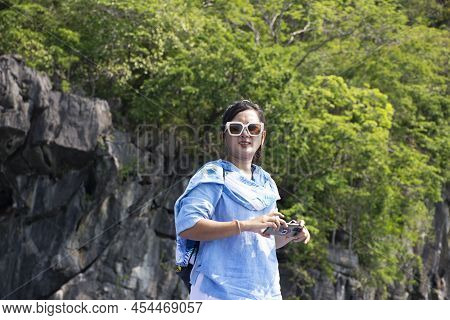 Traveler Thai Women People Travel Visit And Usr Smart Mobile Phone Take Photo Between Local Trip Tou