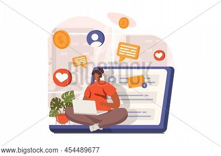 Marketing Web Concept In Flat Design. Woman Sending Promo Emails, Making Advertising And Attracting 