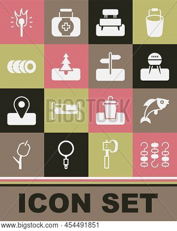 Set Grilled Shish Kebab On Skewer, Fish, Barbecue Grill, Bench, Tree, Blanket Roll, Torch Flame And 
