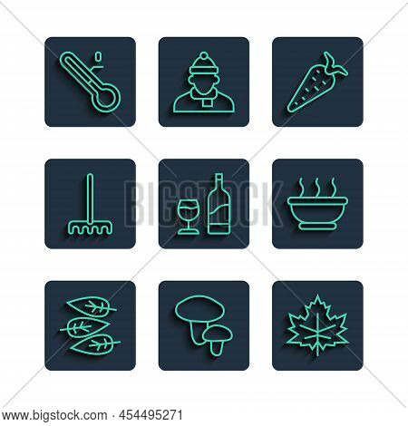 Set Line Leaf Or Leaves, Mushroom, Carrot, Wine Bottle With Glass, Garden Rake, Meteorology Thermome