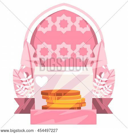 Sadaqah Or Zakat In Islam Concept Of Giving Symbolize In Stacked Coin With Islamic Pattern Gate Behi