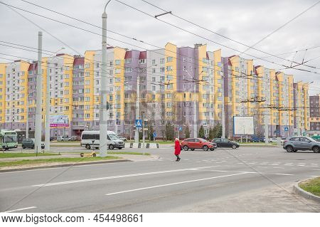 Minsk, Belarussia. City Infrastructure, Street With Buildings.