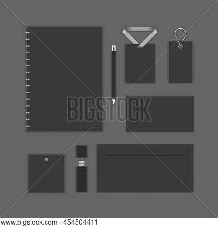 Fashion Black Business Accessories Design Set Realistic Template Vector Illustration. Collection Cor