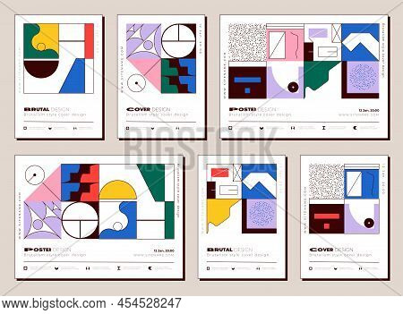Brutalist Vertical Covers, Brutalist Posters. Set Of Abstract Geometric Futuristic Figures With A Th