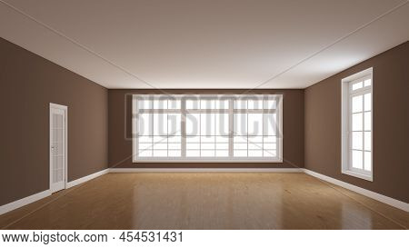 Empty Room With Dark Brown Walls, Glossy Parquet Floor, White Plinth, Large Full Wall Window, A Whit