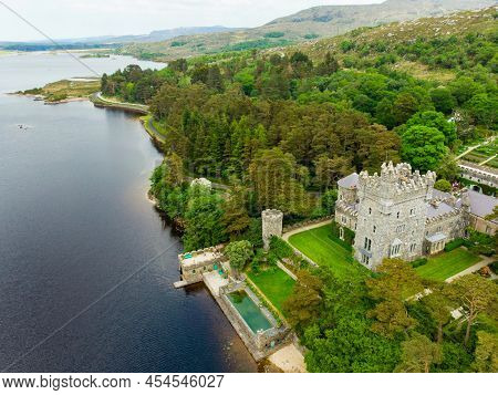 Aerial View Of Glenveagh Castle, A Large Castellated Mansion Located In Glenveagh National Park.