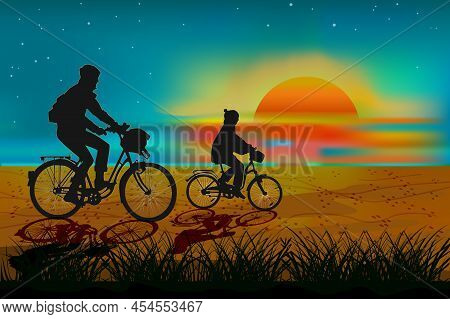 Biker Family Bicycle Trip On Sundown. Silhouette Father And Kid Riding Bicycle On Beach Under Sunset