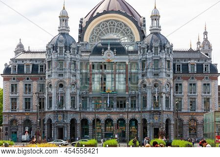 Antwerp, Belgium - July 12, 2010 : Station Antwerpen-centraal. Gorgeous Sandstone And Brick Exterior