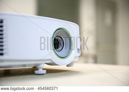 Close-up Computer Projector On Table Boardroom Or Meeting Room Technology Equipment Of Visual Or Vis