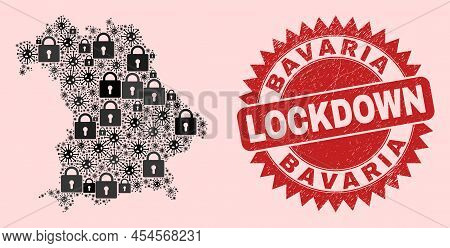 Vector Covid-2019 Lockdown Collage Bavaria Land Map And Dirty Watermark. Lockdown Red Stamp Seal Use