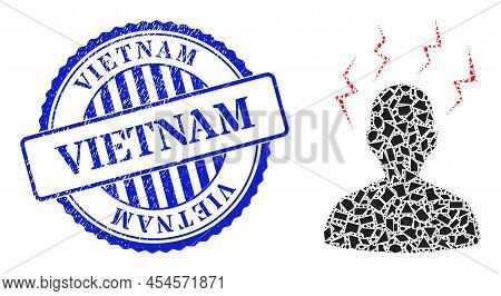 Fragment Mosaic Head Migrain Strikes Icon, And Blue Round Vietnam Corroded Stamp With Tag Inside Rou