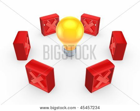 Rote Crossmarks um gelbe Lampe.
