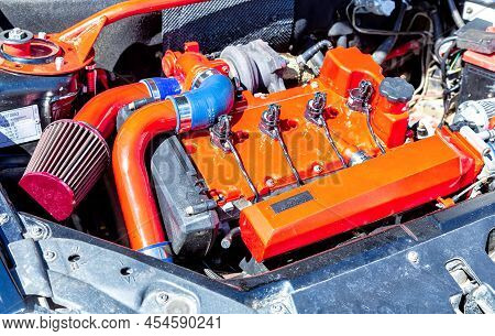Samara, Russia - May 8, 2022: Close Up View Of Tuned Car Engine Of Lada 2170 Priora Vehicle, Under T