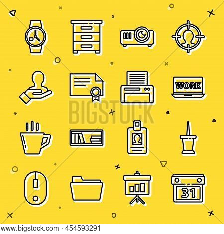 Set Line Calendar, Push Pin, Laptop With Text Work, Movie, Film, Media Projector, Certificate Templa