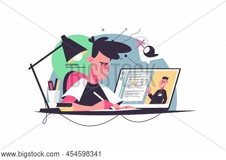 Student Writes Homework At Desk Vector Illustration. Guy Studying From Home, Laptop On Table Flat St