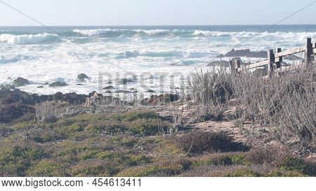 Big Huge Stormy Waves Crashing On Rocky Craggy Beach, Monterey Bay Shore, California Ocean Coast, Us