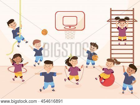Children Engaged In Physical Education Doing Various Sports During Class At School Vector Illustrati
