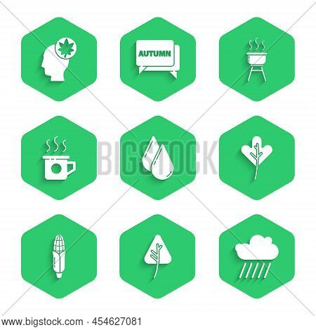 Set Water Drop, Leaf Or Leaves, Cloud With Rain, Corn, Cup Of Tea, Barbecue Grill And Human Head Lea