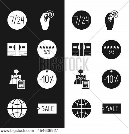 Set Consumer Or Customer Product Rating, Clock 24 Hours, Hand Holding Coin, Delivery Man With Cardbo