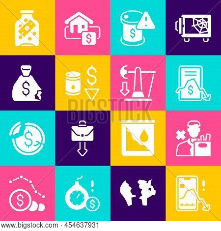 Set Mobile Stock Trading, Employee Dismissal, Drop Crude Oil Price, Money Bag, Glass Money Jar With 